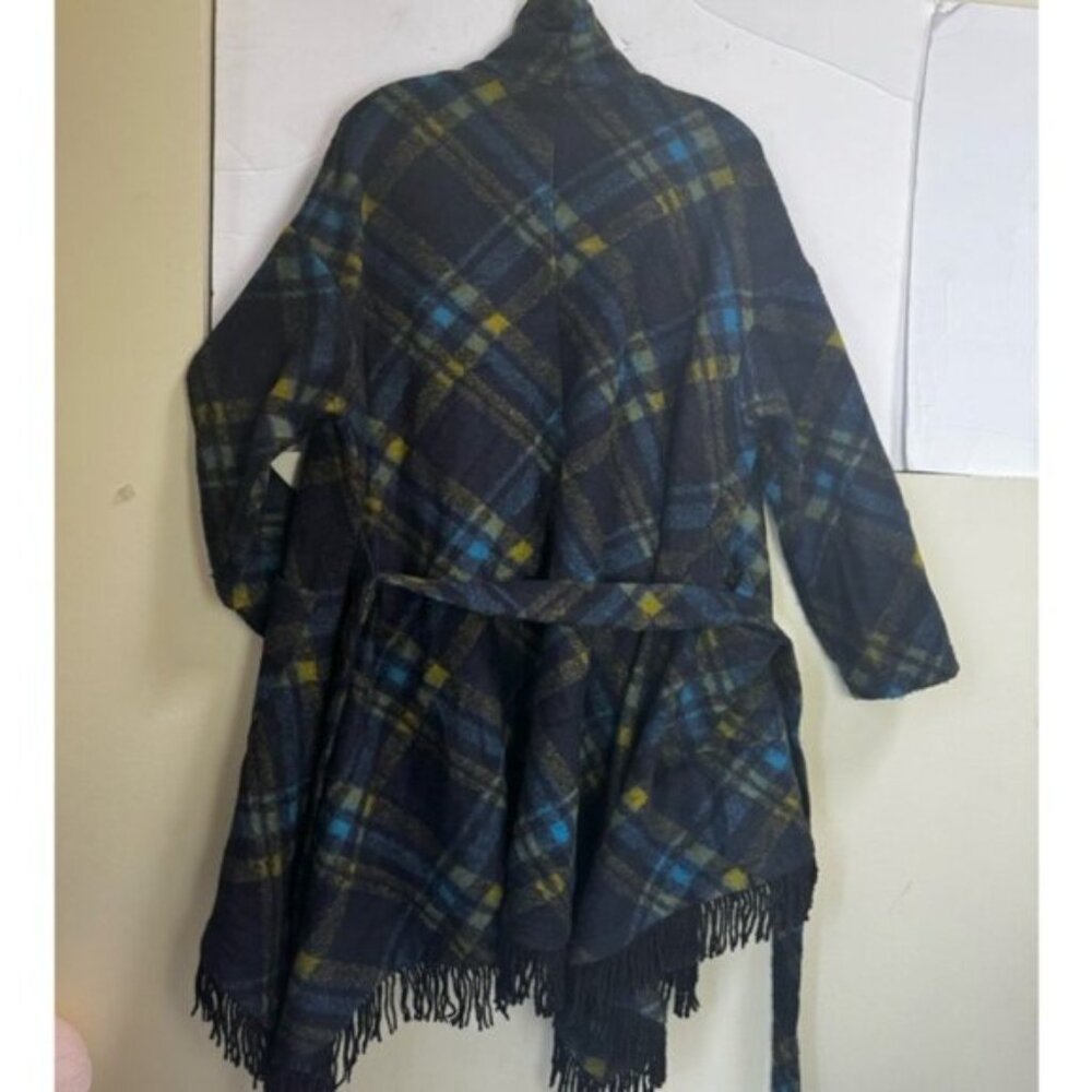 Samuel Dong Wool Check Fringe Wrap Coat Shawl Pockets Tartan Poncho Oversized L - Picture 7 of 16